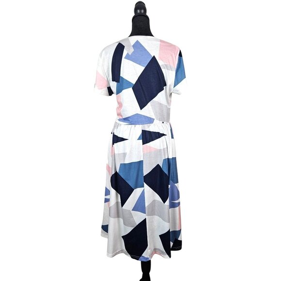 Womens Abstract Print V-Neck Short Sleeve Wrap Midi Dress Size M Casual Everyday - Picture 3 of 15